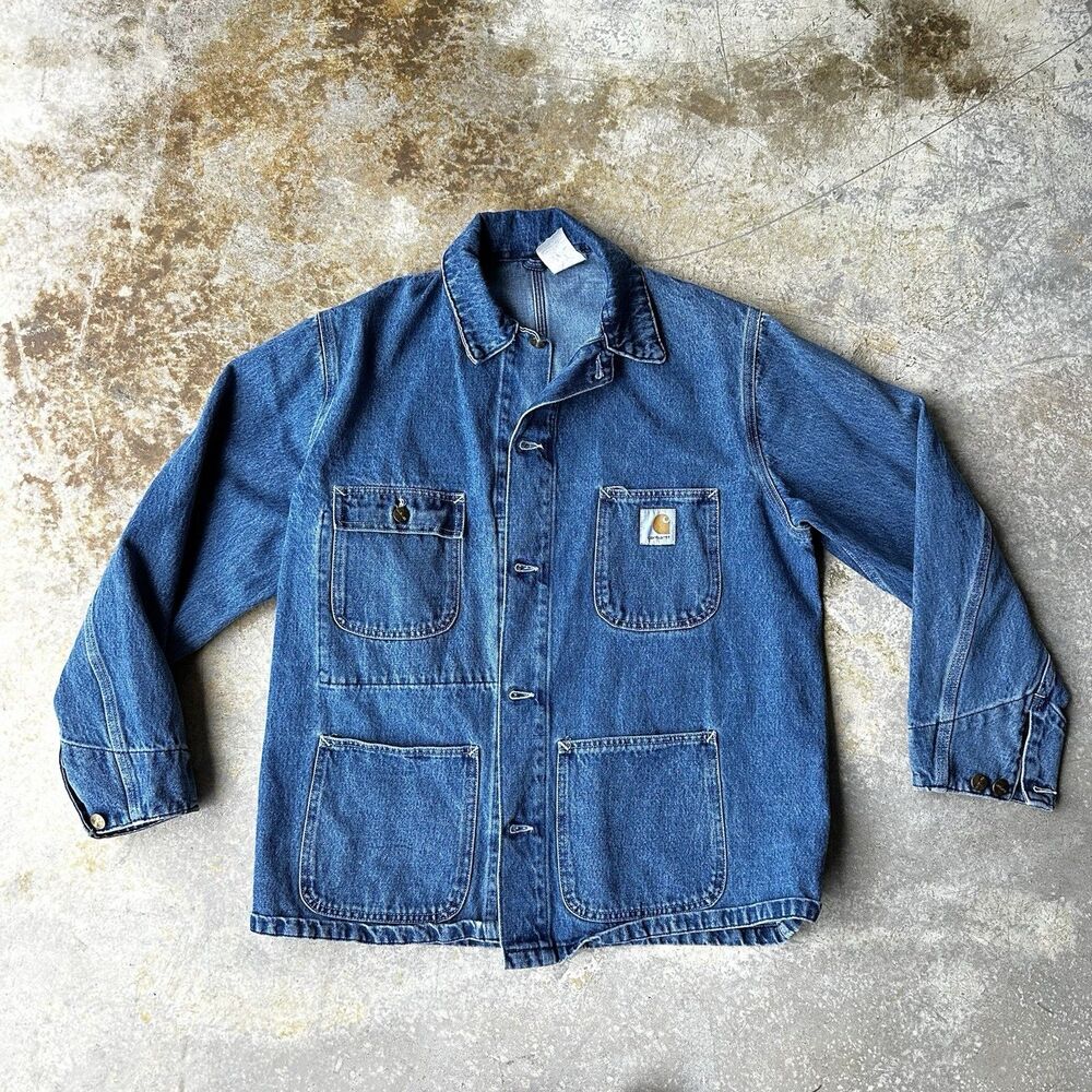 Vintage 80s Carhartt Denim Chore Coat Mens Union Made In USA Size 44 - Medium